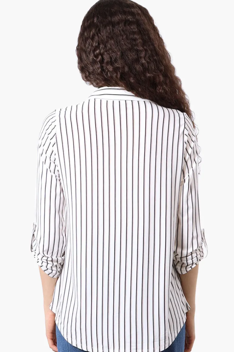 Beechers Brook Striped Roll Up Sleeve Half Zip Blouse - White