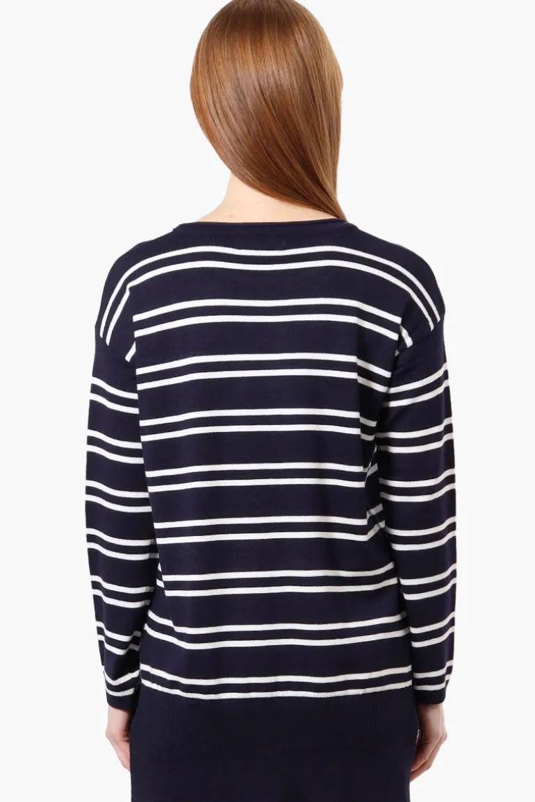 Beechers Brook Striped Round Neck Pullover Sweater - Navy