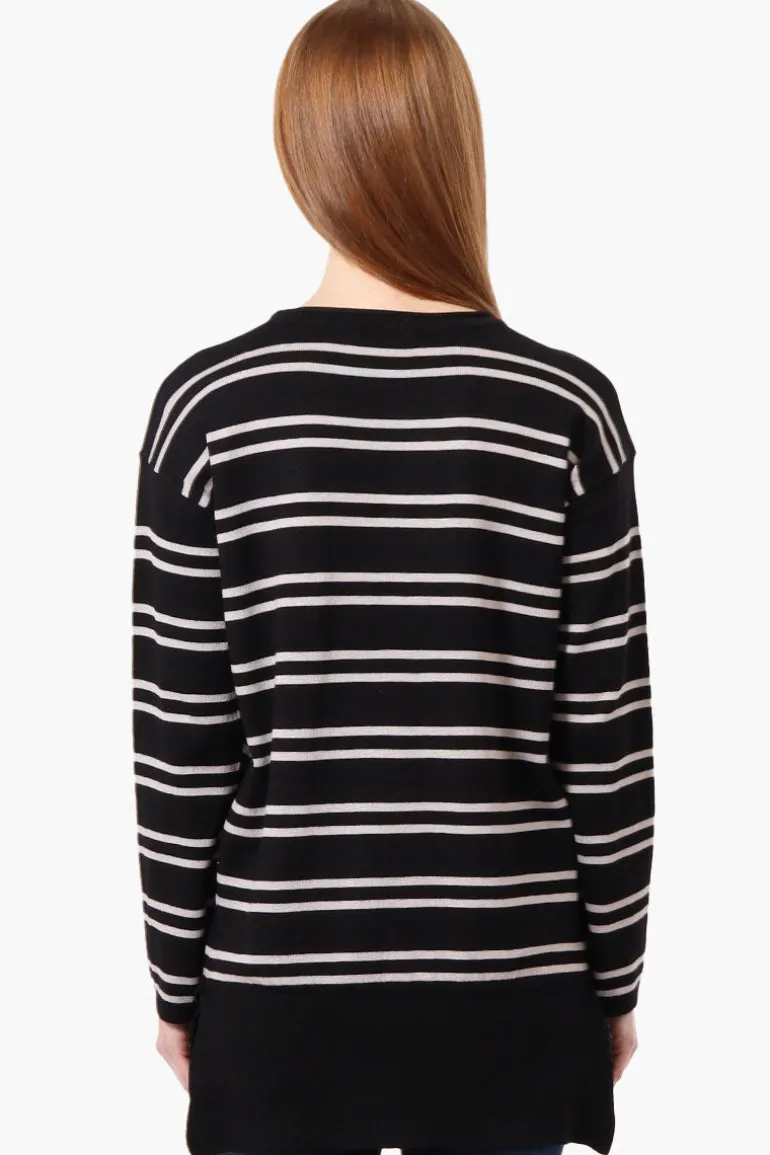 Beechers Brook Striped Round Neck Pullover Sweater - Black