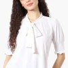 Beechers Brook Tie Neck Smocked Sleeve Blouse - White