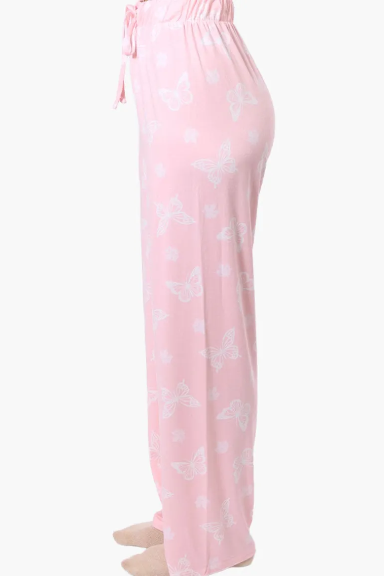 Canada Weather Gear Butterfly Pattern Wide Leg Pajama Pants - Pink