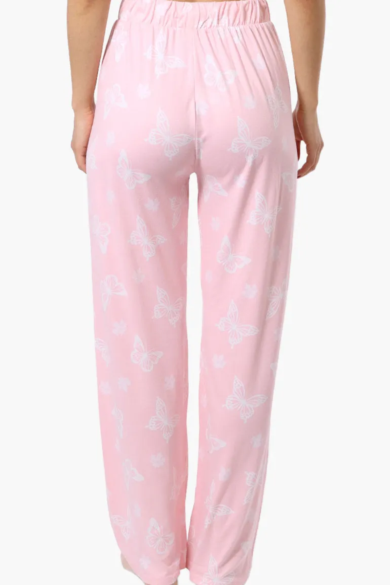 Canada Weather Gear Butterfly Pattern Wide Leg Pajama Pants - Pink