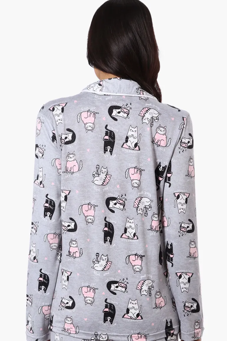 Canada Weather Gear Cat Pattern Button Down Pajama Top - Grey