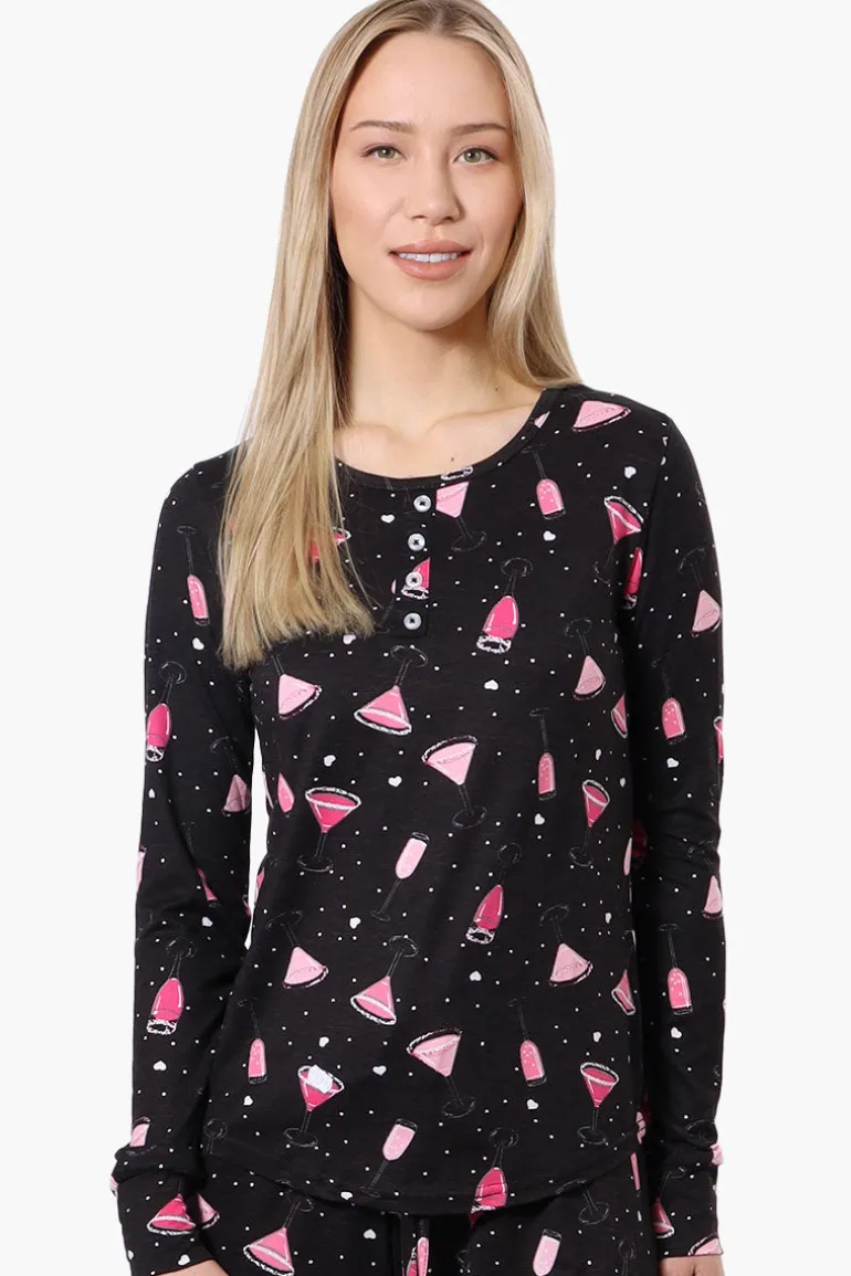 Canada Weather Gear Martini Pattern Henley Pajama Top - Black