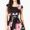 Costa Blanca Floral Belted Cap Sleeve Day Dress - Black