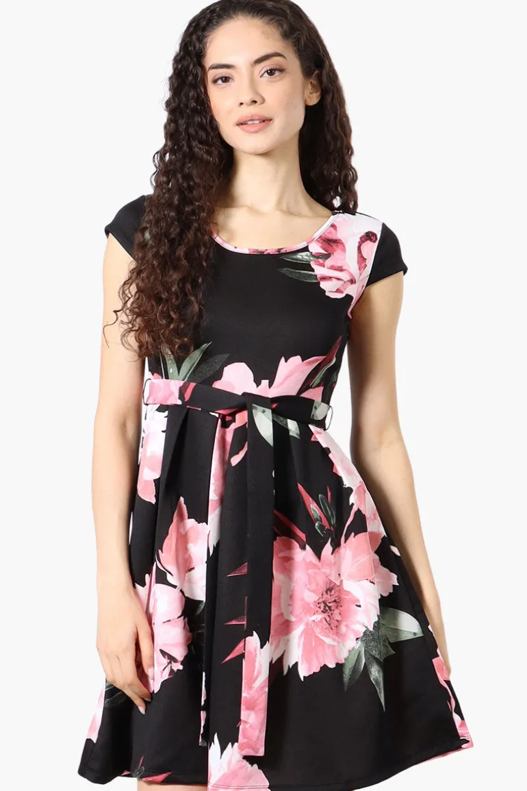 Costa Blanca Floral Belted Cap Sleeve Day Dress - Black