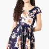 Costa Blanca Floral Belted Cap Sleeve Day Dress - Navy
