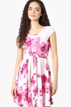 Costa Blanca Floral Belted Cap Sleeve Day Dress - Pink