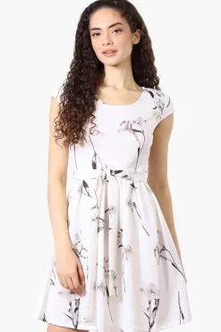 Costa Blanca Floral Belted Cap Sleeve Day Dress - White