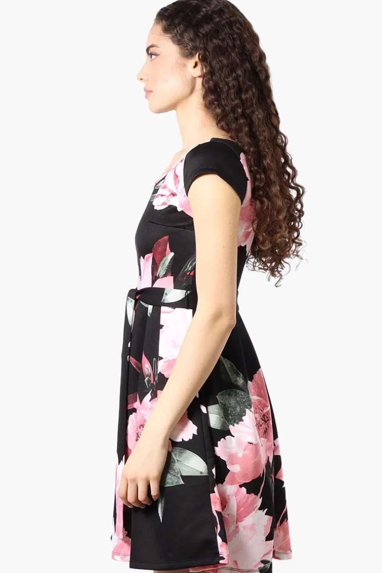 Costa Blanca Floral Belted Cap Sleeve Day Dress - Black