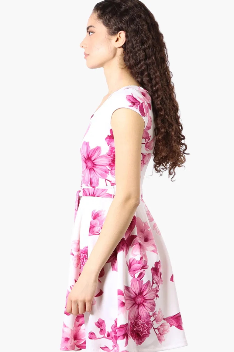 Costa Blanca Floral Belted Cap Sleeve Day Dress - Pink