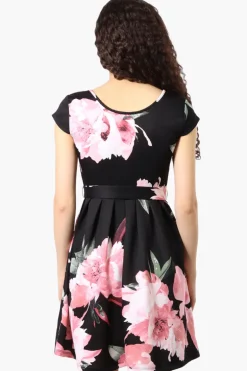 Costa Blanca Floral Belted Cap Sleeve Day Dress - Black
