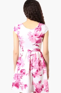 Costa Blanca Floral Belted Cap Sleeve Day Dress - Pink