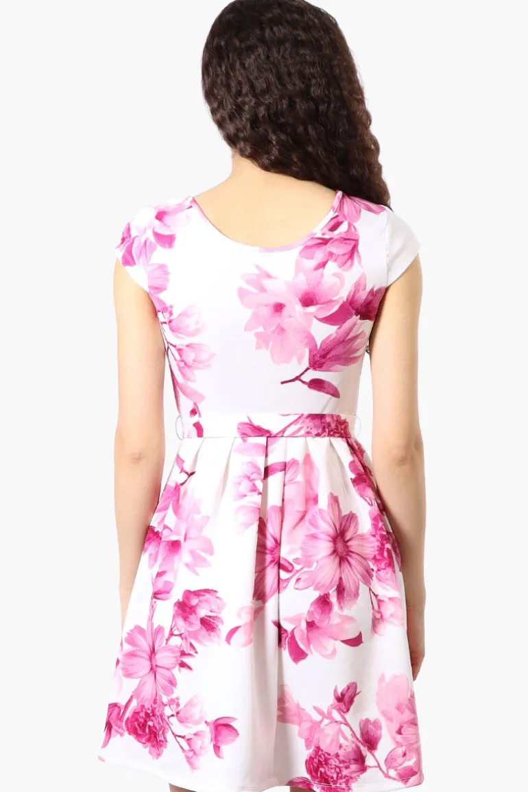 Costa Blanca Floral Belted Cap Sleeve Day Dress - Pink