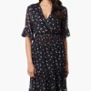Costa Blanca Floral Crossover Tiered Midi Dress - Black