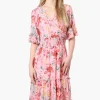 Costa Blanca Floral Crossover Tiered Midi Dress - Pink
