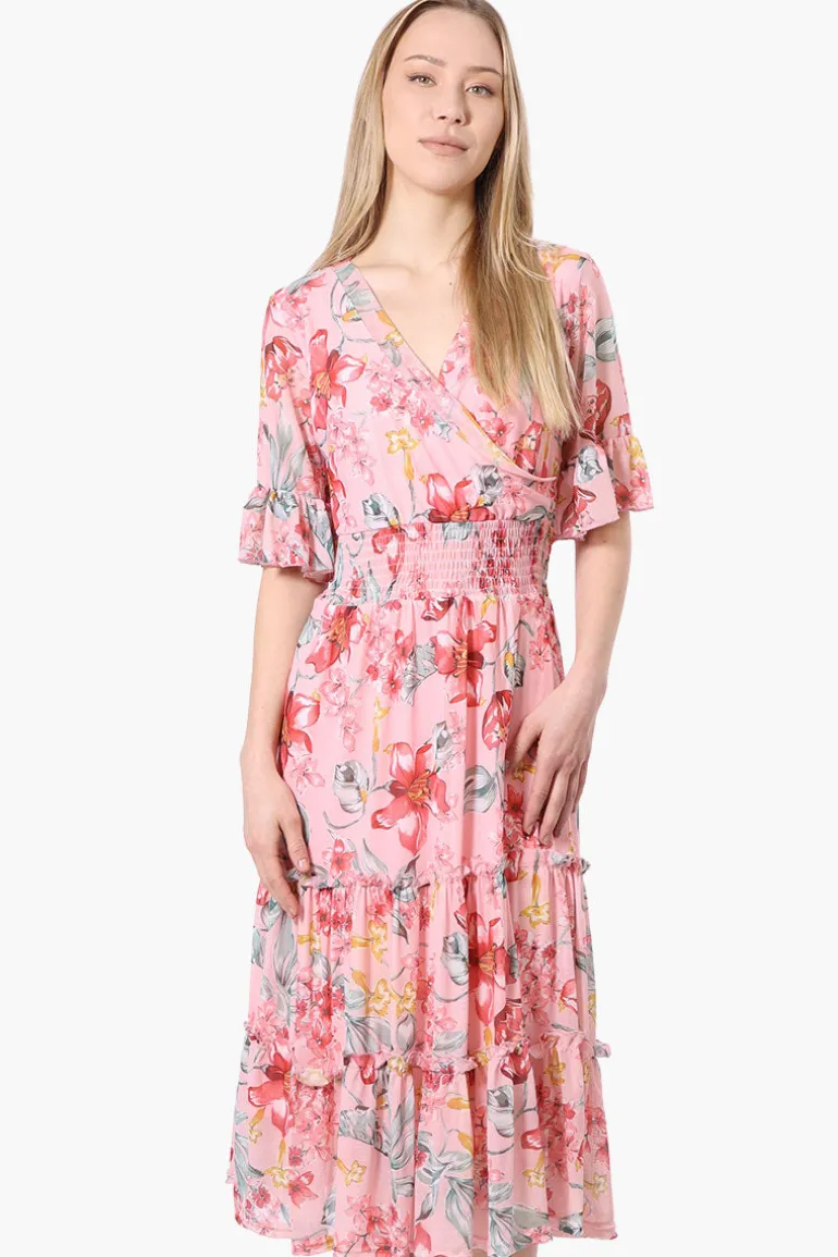 Costa Blanca Floral Crossover Tiered Midi Dress - Pink