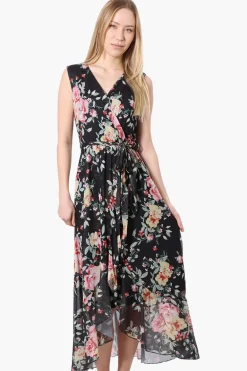 Costa Blanca Floral Crossover Belted Maxi Dress - Black