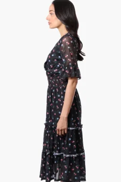 Costa Blanca Floral Crossover Tiered Midi Dress - Black