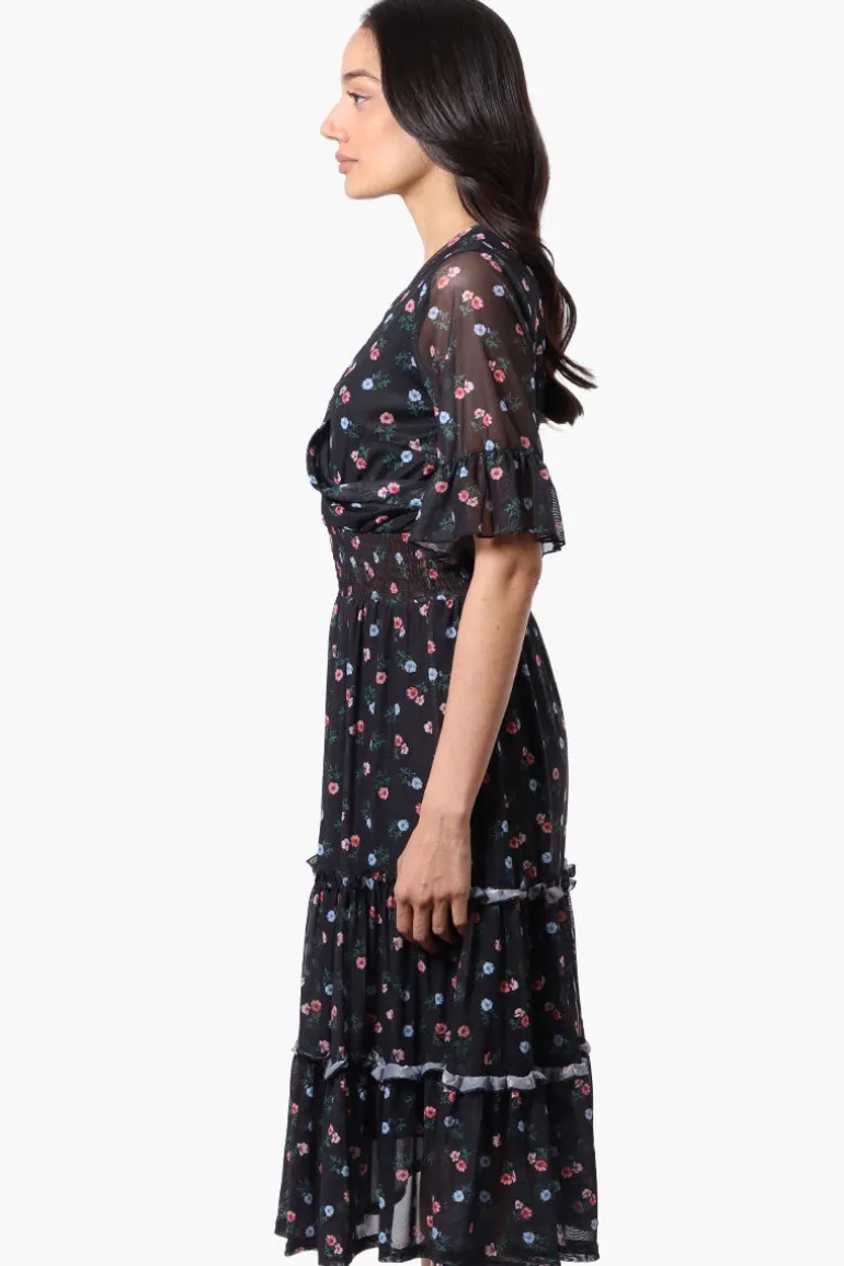 Costa Blanca Floral Crossover Tiered Midi Dress - Black