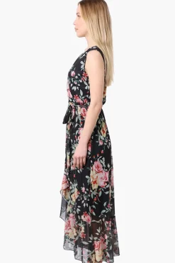 Costa Blanca Floral Crossover Belted Maxi Dress - Black