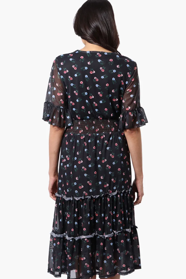 Costa Blanca Floral Crossover Tiered Midi Dress - Black
