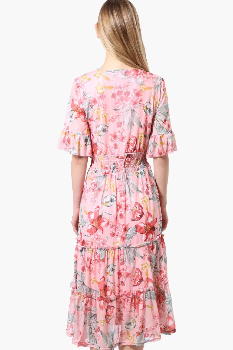 Costa Blanca Floral Crossover Tiered Midi Dress - Pink