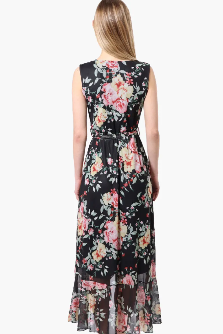 Costa Blanca Floral Crossover Belted Maxi Dress - Black