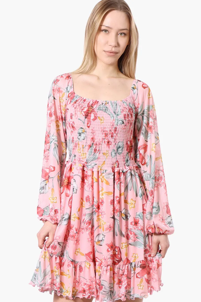 Costa Blanca Floral Square Neck Smocked Day Dress - Pink