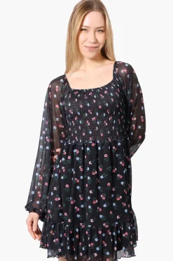 Costa Blanca Floral Square Neck Smocked Day Dress - Black