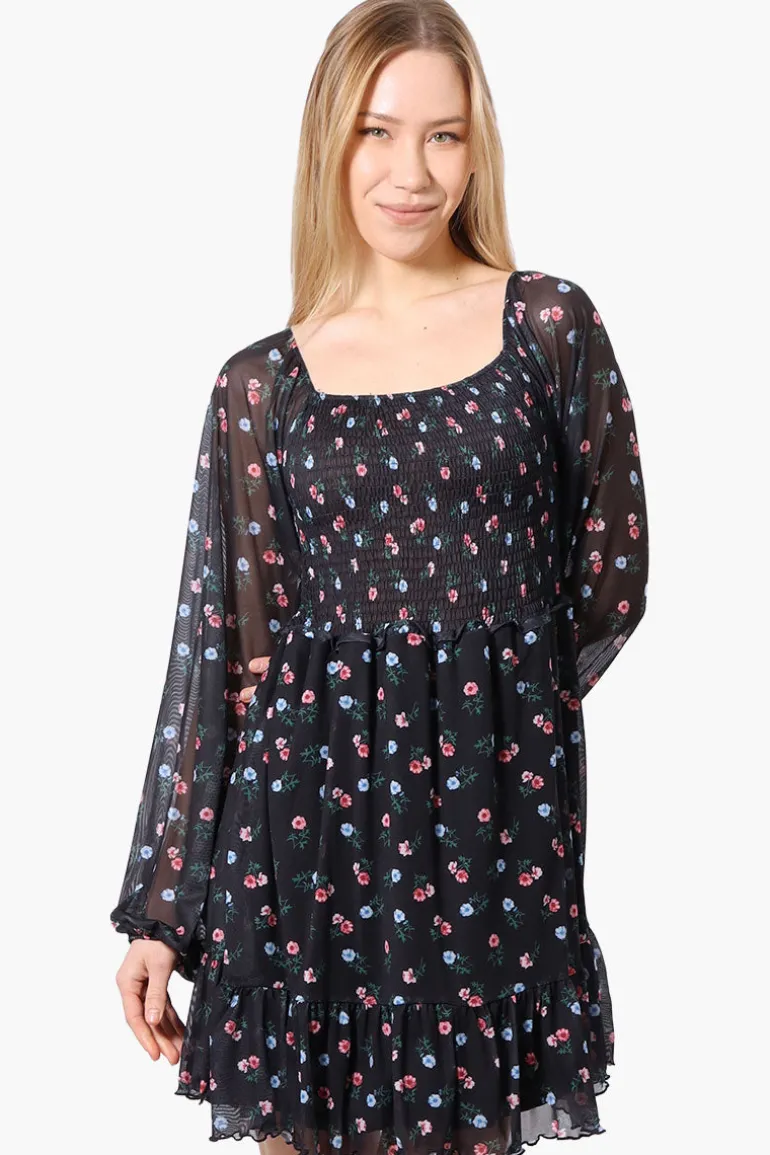 Costa Blanca Floral Square Neck Smocked Day Dress - Black