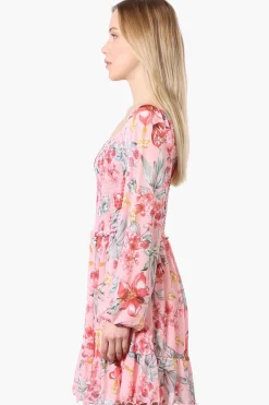 Costa Blanca Floral Square Neck Smocked Day Dress - Pink