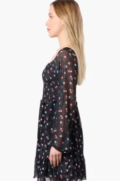 Costa Blanca Floral Square Neck Smocked Day Dress - Black