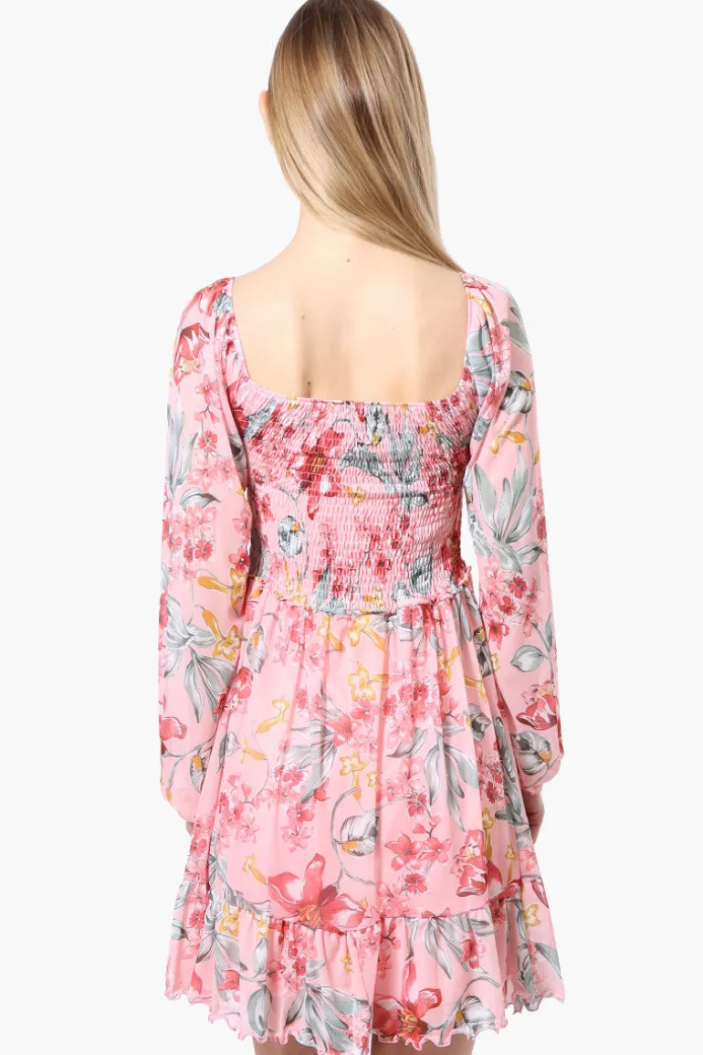 Costa Blanca Floral Square Neck Smocked Day Dress - Pink
