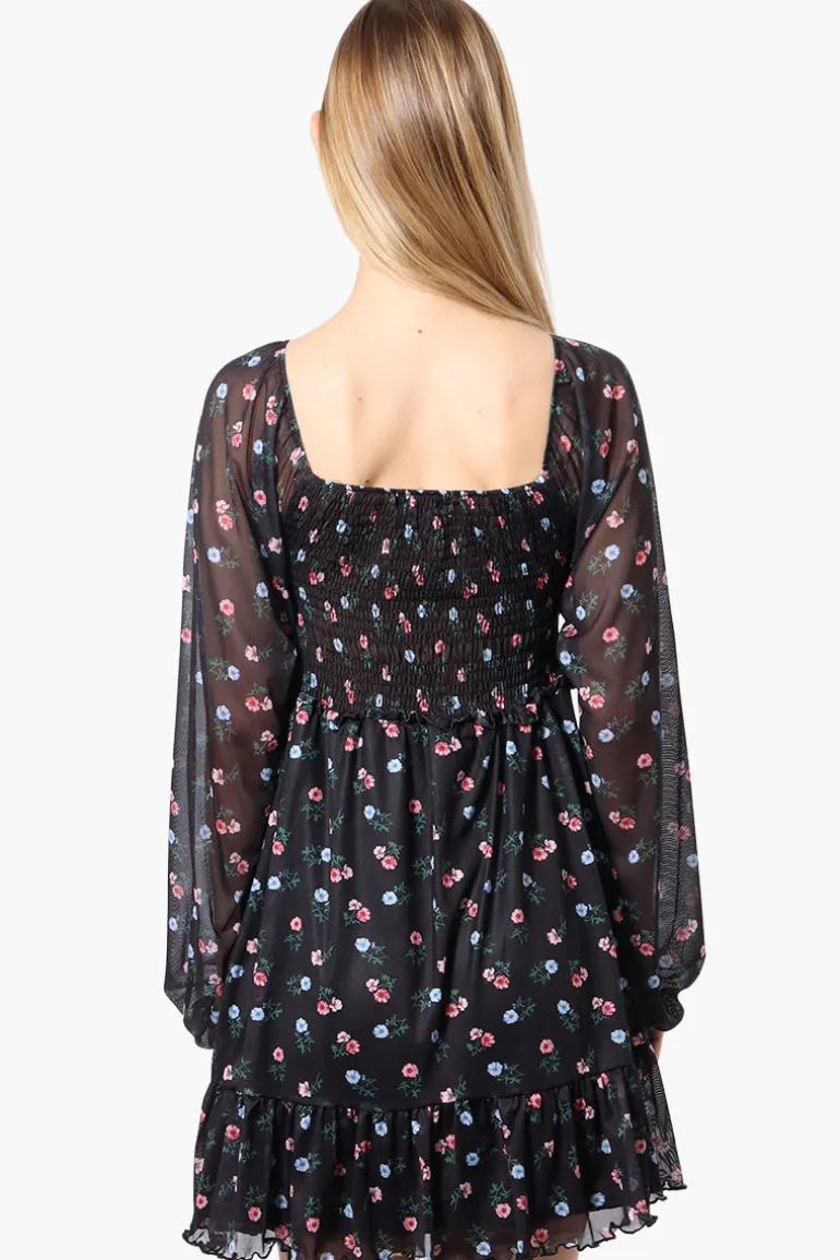 Costa Blanca Floral Square Neck Smocked Day Dress - Black