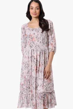 Costa Blanca Floral Tiered Sheer Sleeve Midi Dress - Cream