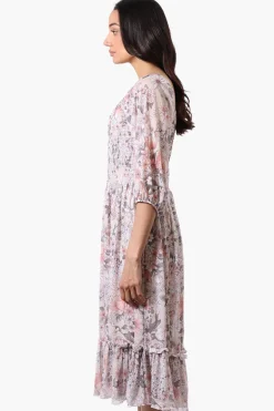 Costa Blanca Floral Tiered Sheer Sleeve Midi Dress - Cream