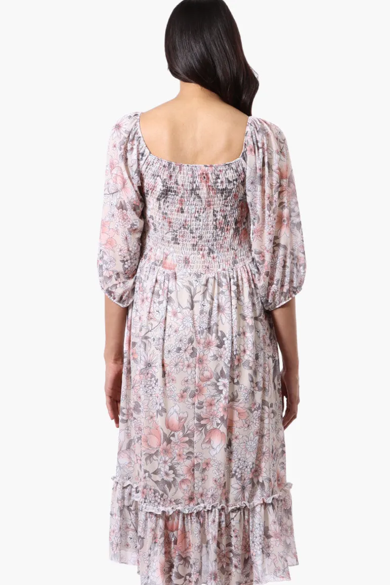 Costa Blanca Floral Tiered Sheer Sleeve Midi Dress - Cream