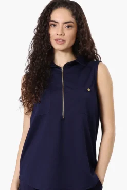 Costa Blanca Half Zip Sleeveless Blouse - Navy