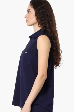 Costa Blanca Half Zip Sleeveless Blouse - Navy