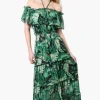 Costa Blanca Leaf Pattern Halter Strap Tiered Maxi Dress - Green