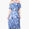Costa Blanca Leaf Pattern Halter Strap Tiered Maxi Dress - Blue
