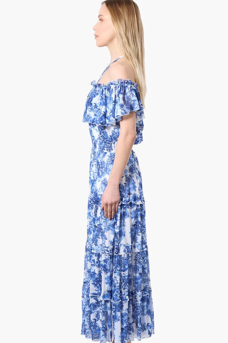 Costa Blanca Leaf Pattern Halter Strap Tiered Maxi Dress - Blue