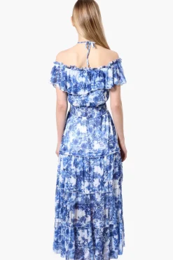 Costa Blanca Leaf Pattern Halter Strap Tiered Maxi Dress - Blue