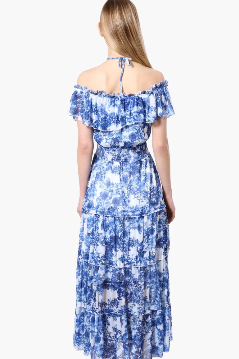 Costa Blanca Leaf Pattern Halter Strap Tiered Maxi Dress - Blue