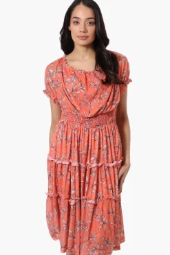Costa Blanca Leaf Print Tiered Smocked Waist Midi Dress - Coral
