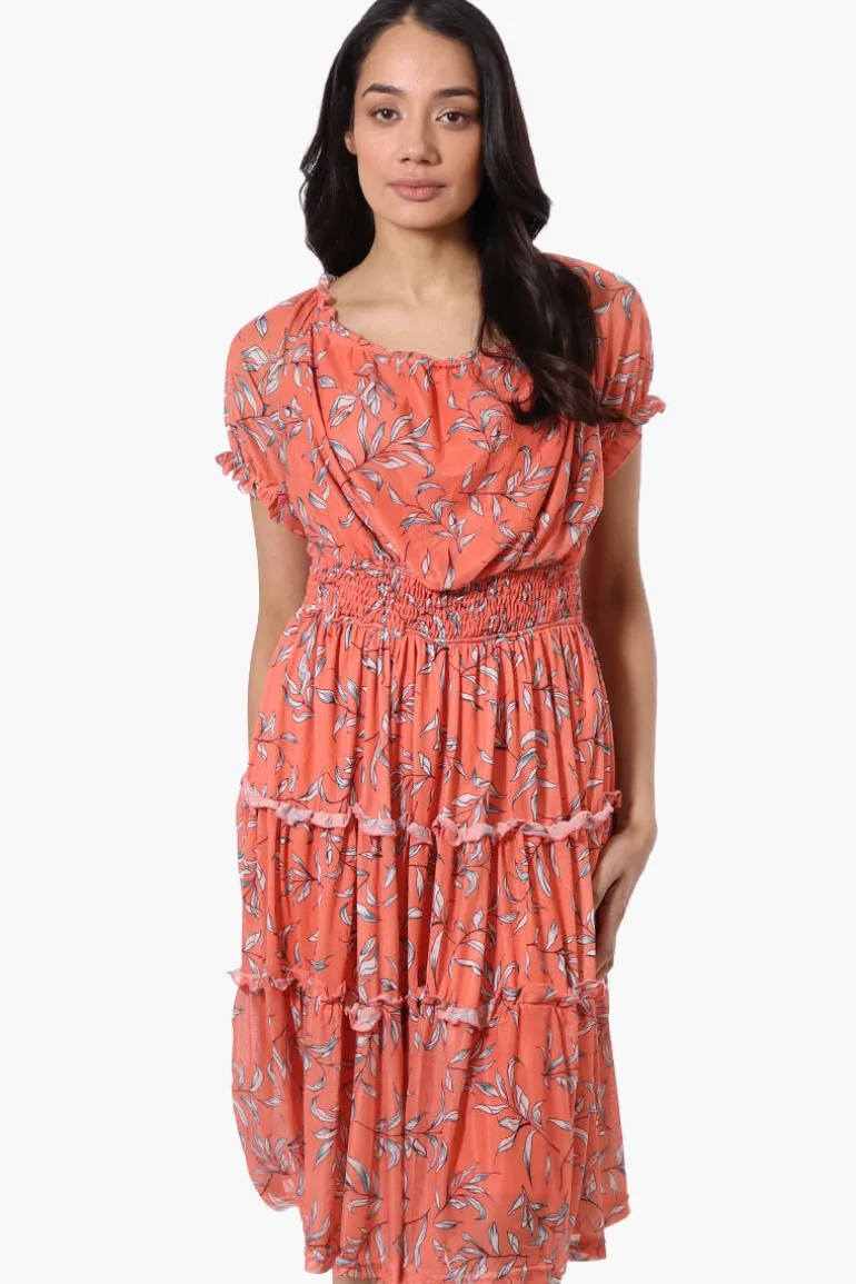 Costa Blanca Leaf Print Tiered Smocked Waist Midi Dress - Coral