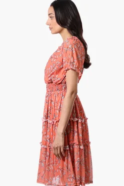 Costa Blanca Leaf Print Tiered Smocked Waist Midi Dress - Coral