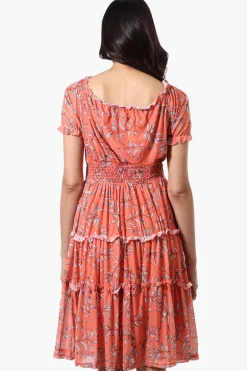 Costa Blanca Leaf Print Tiered Smocked Waist Midi Dress - Coral