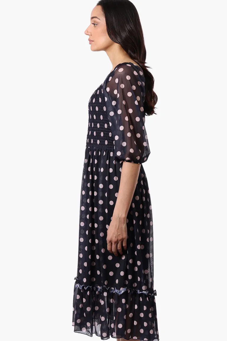 Costa Blanca Polka Dot Tiered Sheer Sleeve Midi Dress - Navy